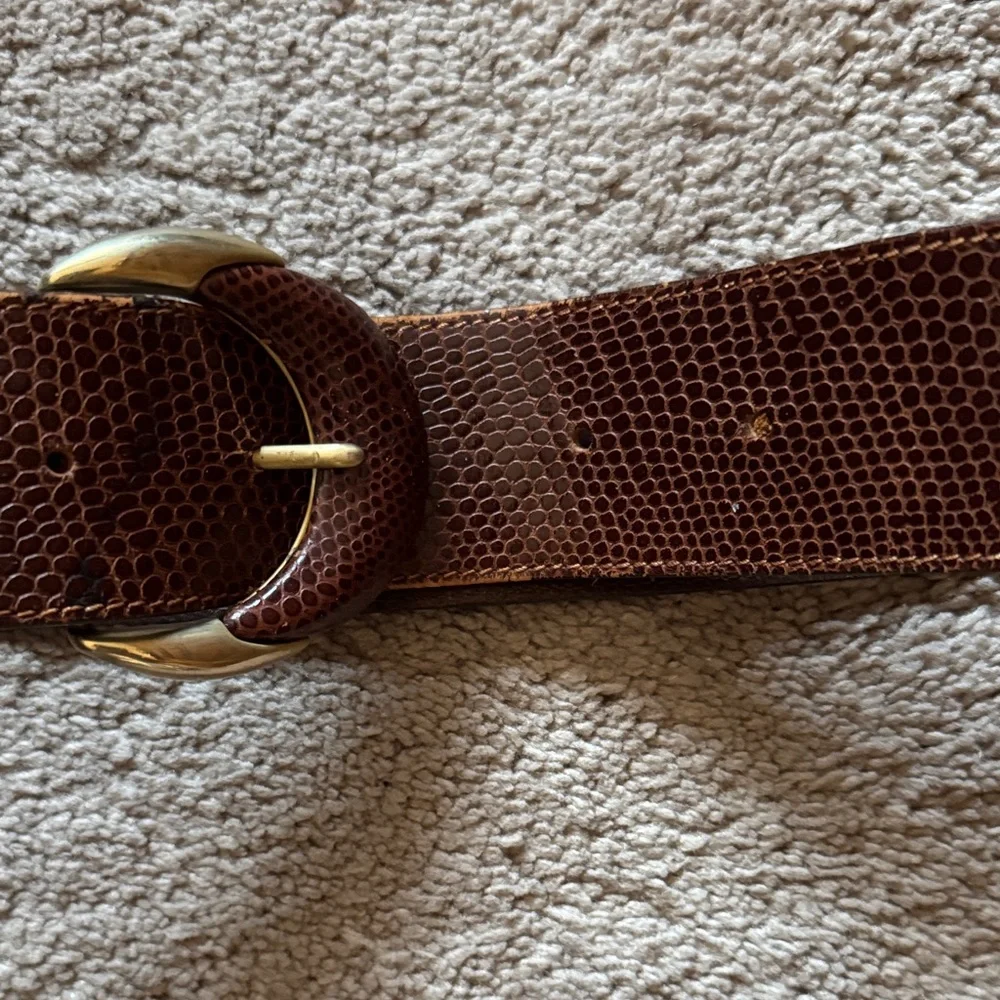Vintage Cognac Wide Leather Belt with Snakeskin Pattern & Brass & leather Buckle